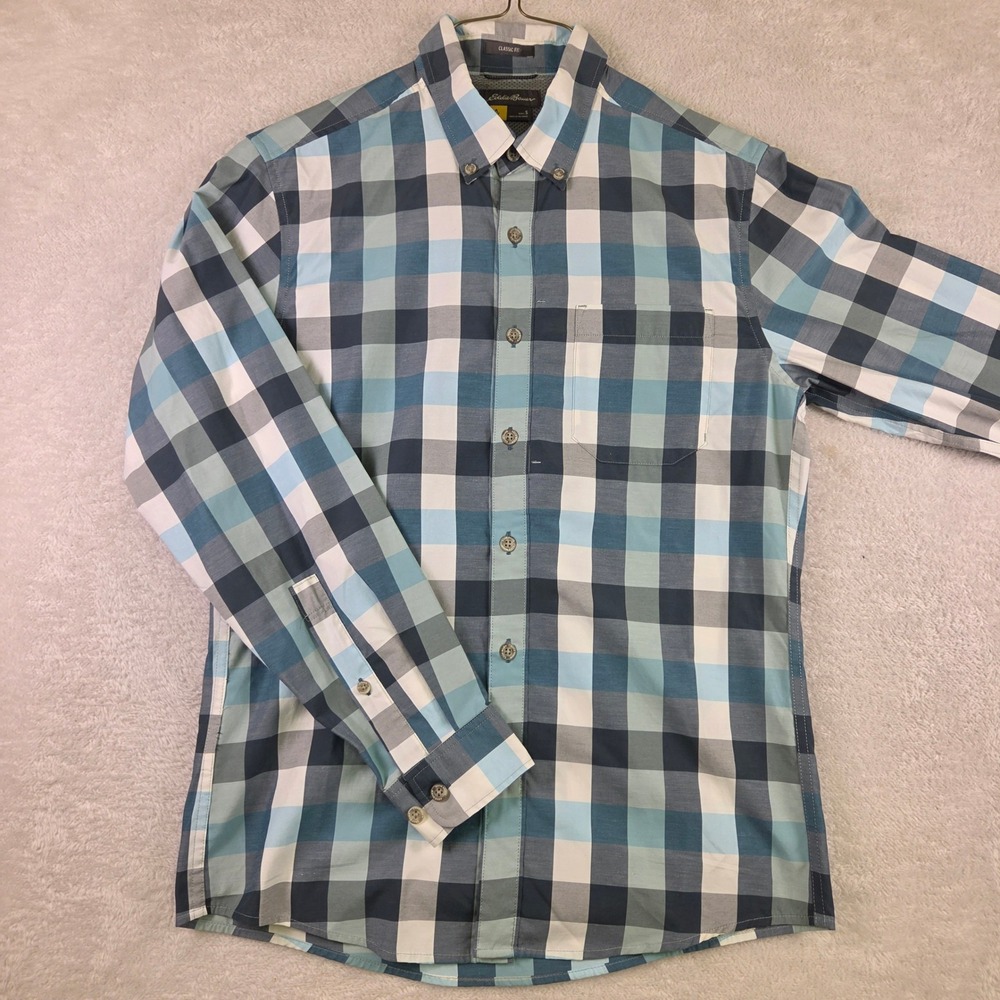 Eddie Bauer Mens Classic Fit Blue Plaid Long Sleeve Button Down Shirt Small